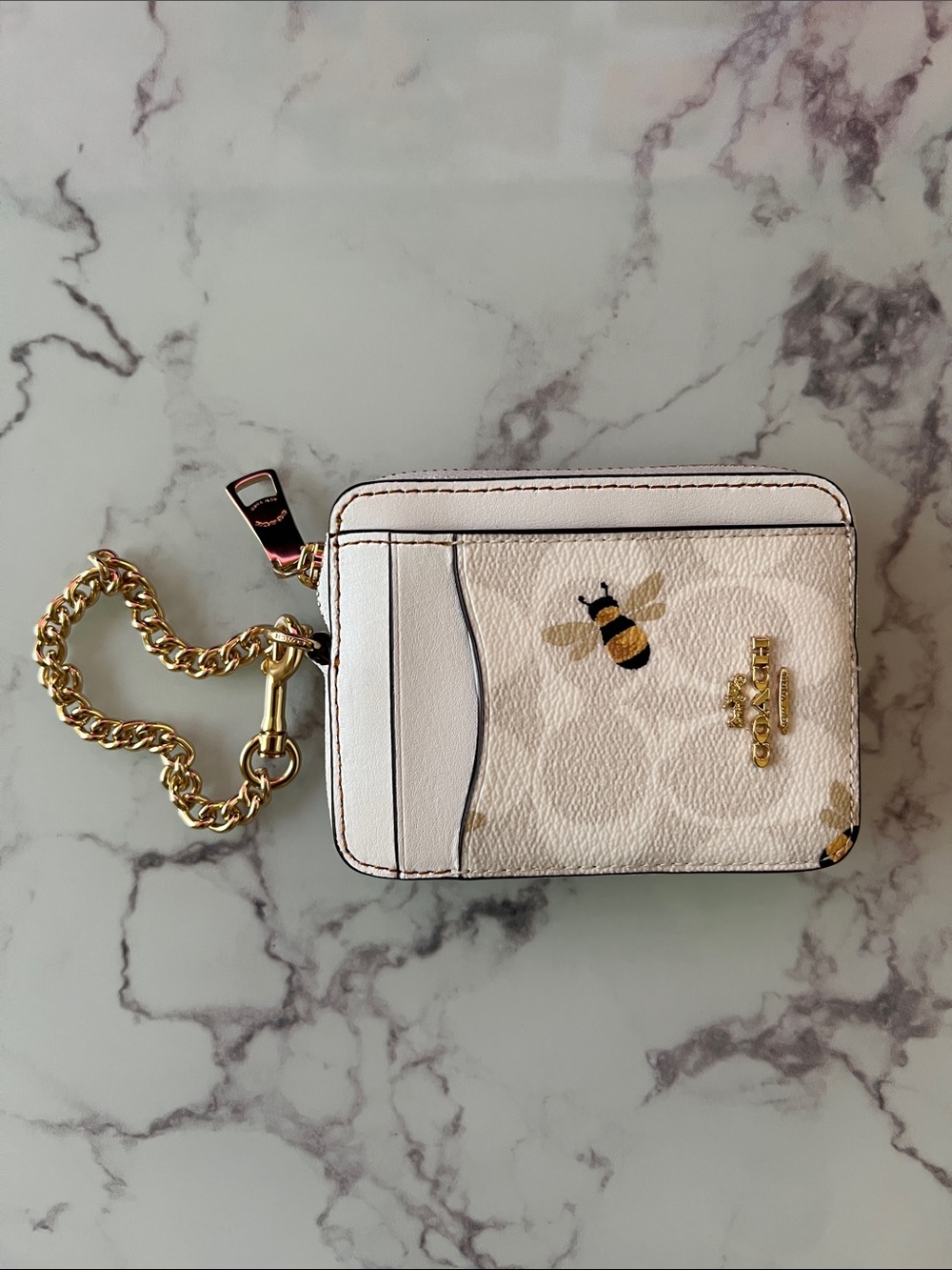 Coach White Bee Print Card Case with Gold Chain